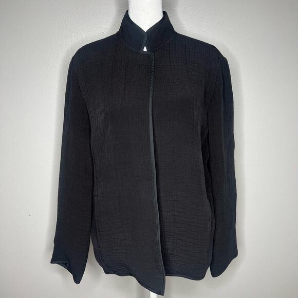 Chicos 1 Black Silk Blend Open Front Jacket Textured Stand Collar Magnet Closure - Picture 1 of 11